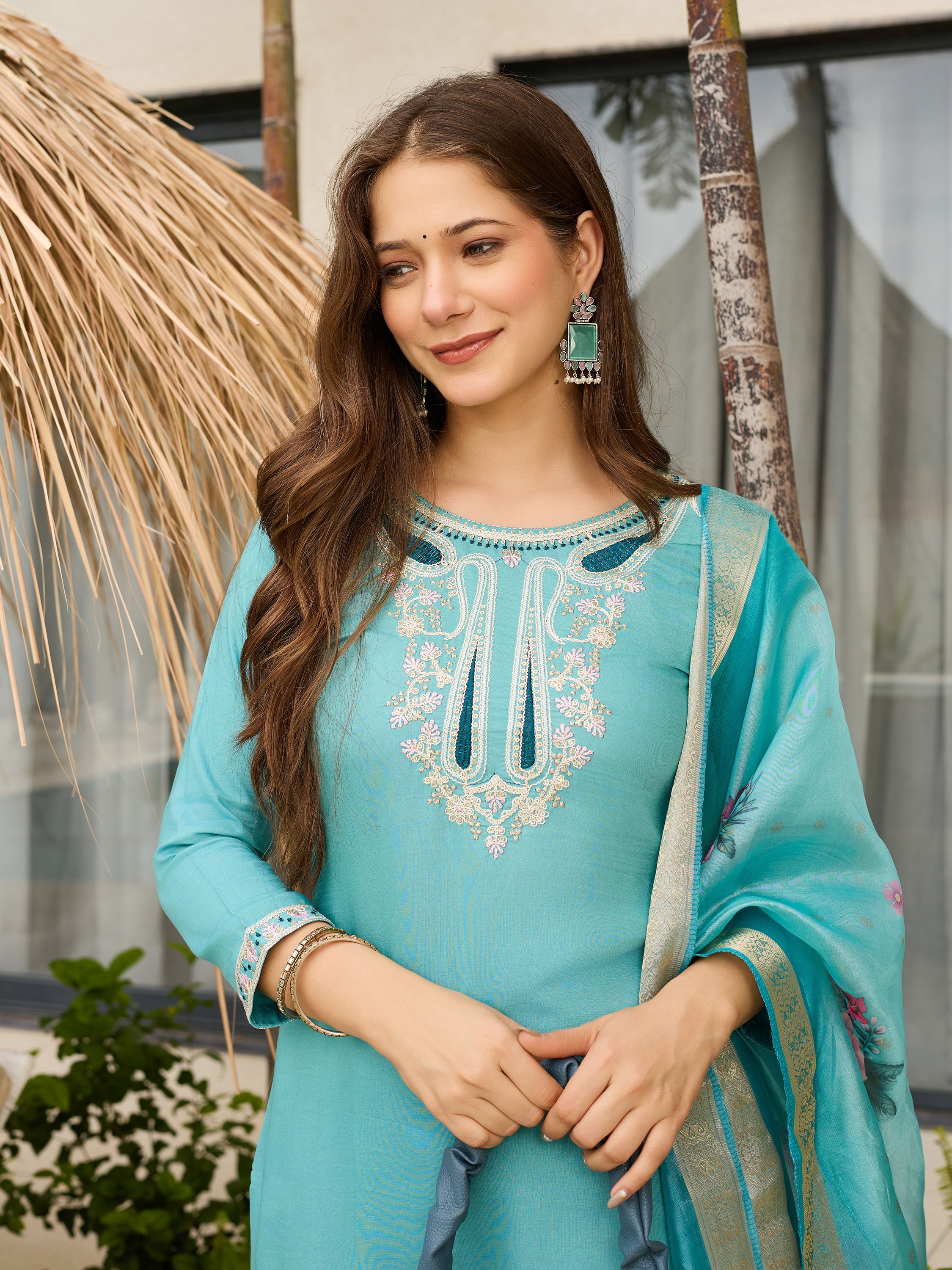 Elegant Sky Blue Embroidered Viscose Kurti Set with Organza Dupatta – Sizes S to 2XL