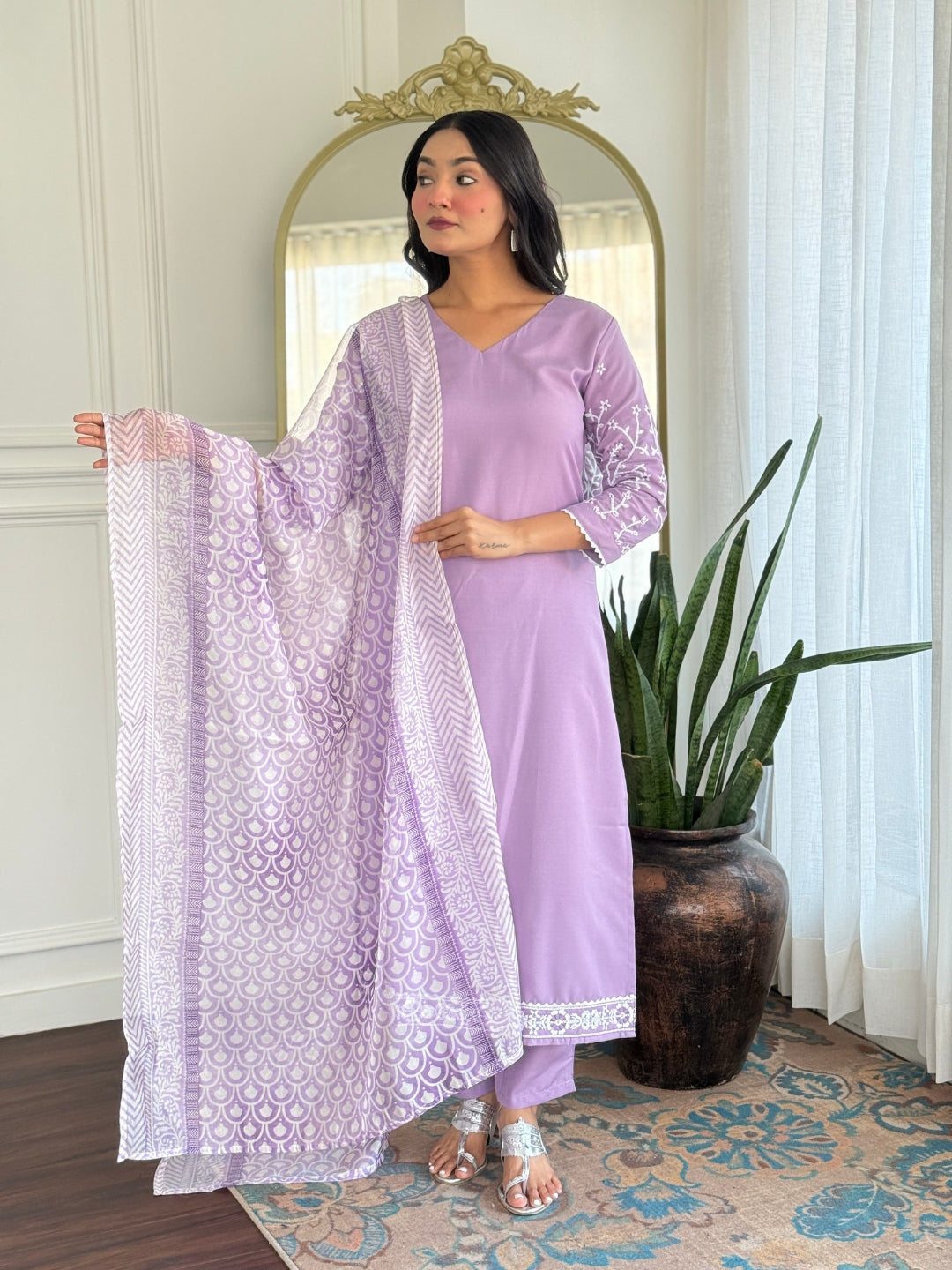 Lavender Embroidered Rayon Kurti Set with Taby Dupatta – Sizes S to 2XL