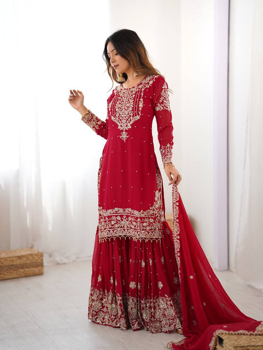 Red Embroidered Kurta Set With Sharara & Dupatta