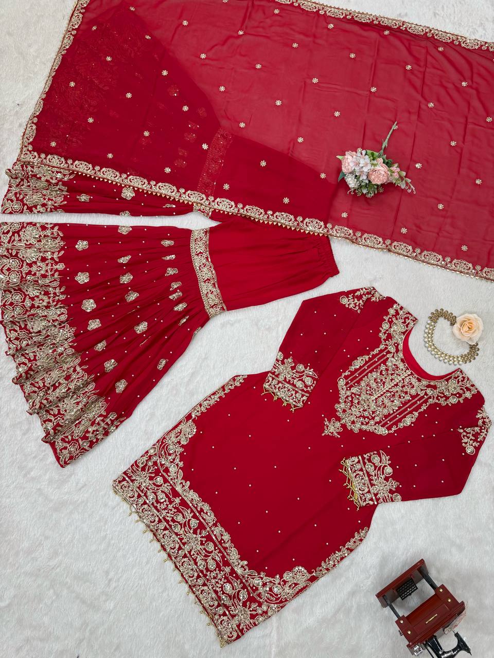 Red Embroidered Kurta Set With Sharara & Dupatta