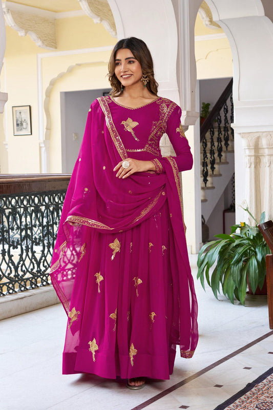 Pink Anarkali Embroidered Gown Set With Dupatta & Pant