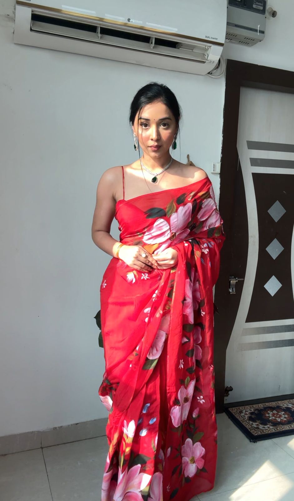 Red Organza Ready-to-Wear Saree for Women – Elegant Pre-Stitched Party & Festive Wear