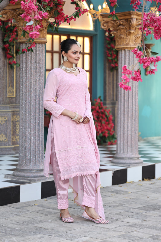 Elegant Unstiched Georgette Baby Pink Embroidered Dress Material With Dupatta & Bottom