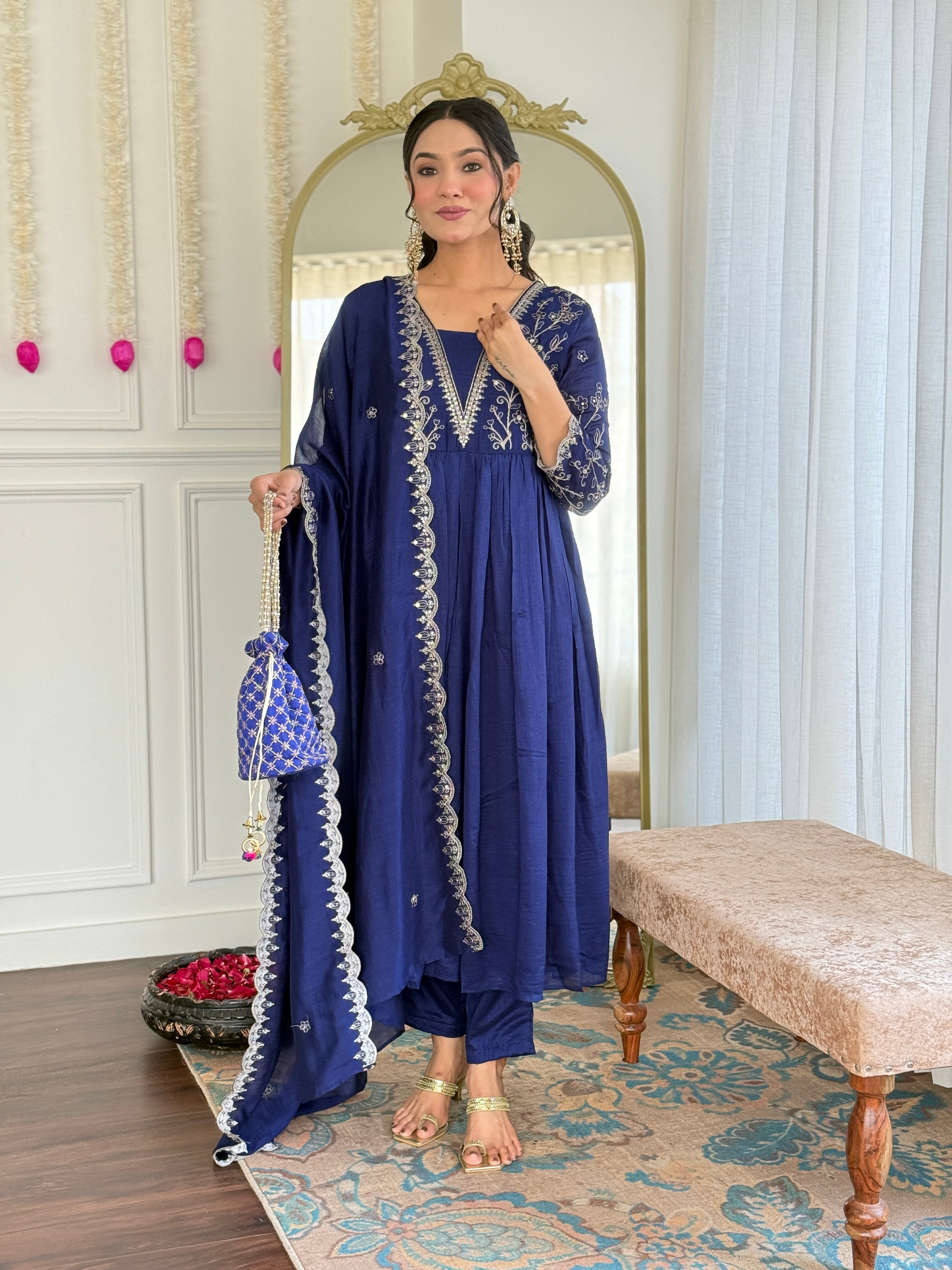 Royal Blue Embroidered Vichitra Silk Kurti Set with Dupatta – Sizes S to 2XL