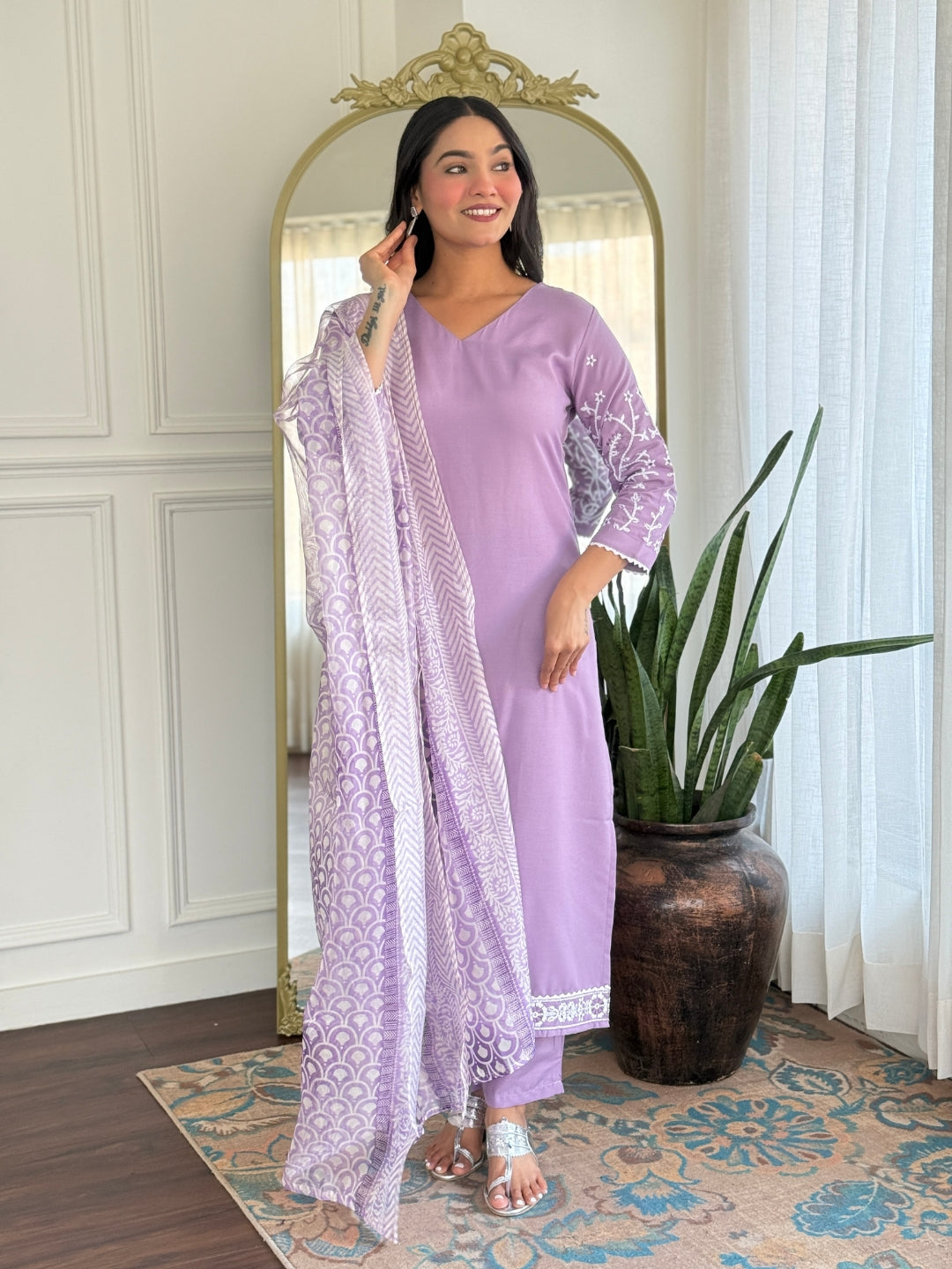 Lavender Embroidered Rayon Kurti Set with Taby Dupatta – Sizes S to 2XL