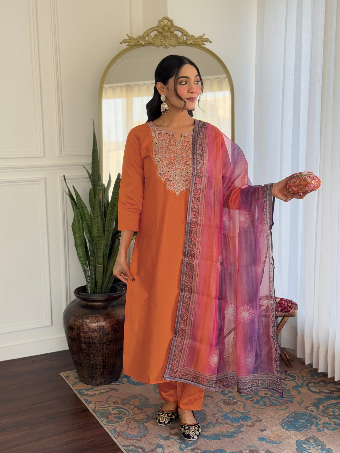 Bright Orange Embroidered Rayon Kurti Set with Taby Dupatta – Sizes S to 2XL