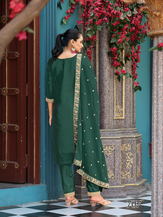 Elegant Dark Green Viscose Jacquard Embroidered Ethnic Unstiched Dress Material Set With Bottom & Dupatta