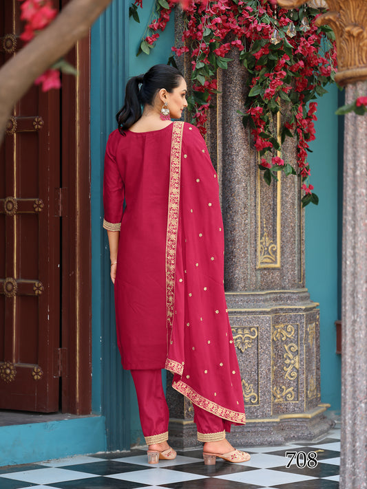 Elegant Rani Pink Viscose Jacquard Embroidered Ethnic Unstiched Dress Material Set With Bottom & Dupatta