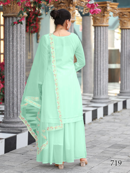 Elegant Mint Green Unstiched Ethnic Dress Material Set Featuring Delicate Floral Embroidery With Skirt & Dupatta