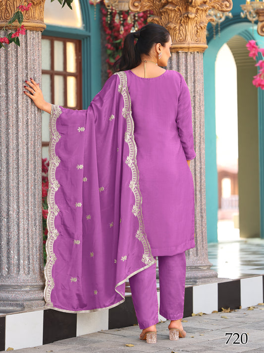 Beautiful Purple Embroidered Unstiched Kurta Set With Zari Work Comes With Bottom & Dupatta