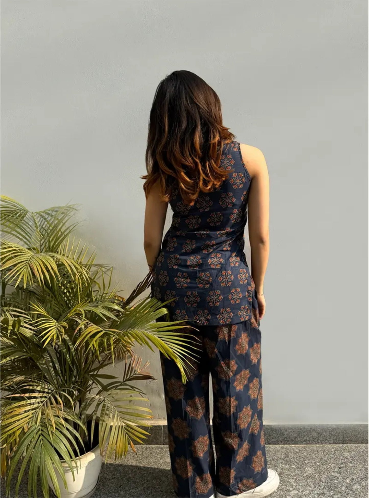 Women's Navy Blue Ajarakh Printed Rayon Co-Ord Set With Wide Leg Pants for Casual Indo-Western Wear