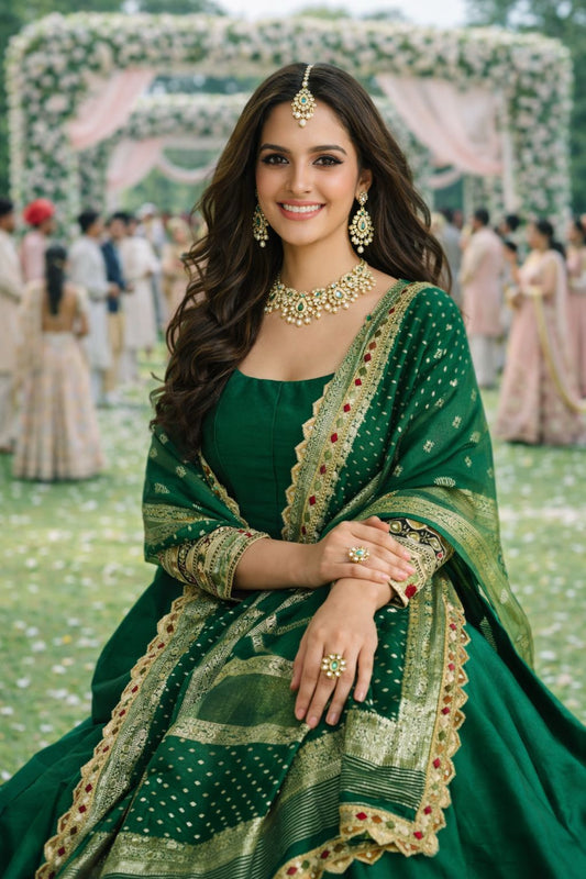 Elegant Emerald Green Embroidered Anarkali Gown With dupatta