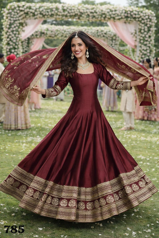 Elegant Maroon Silk Embroidered Anarkali Gown With dupatta