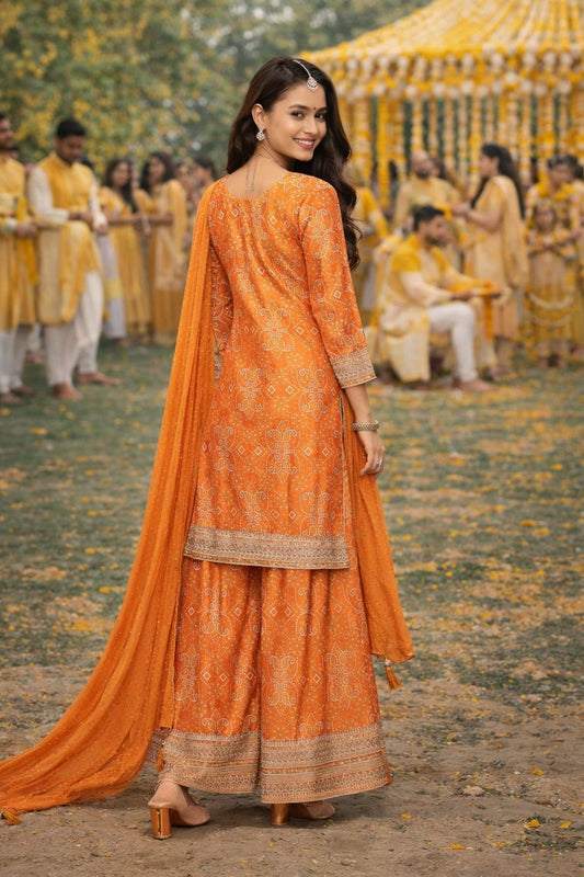 Vibrant Orange Ethnic Printed Chinon Silk Kurta Set With Palazzo & Dupatta