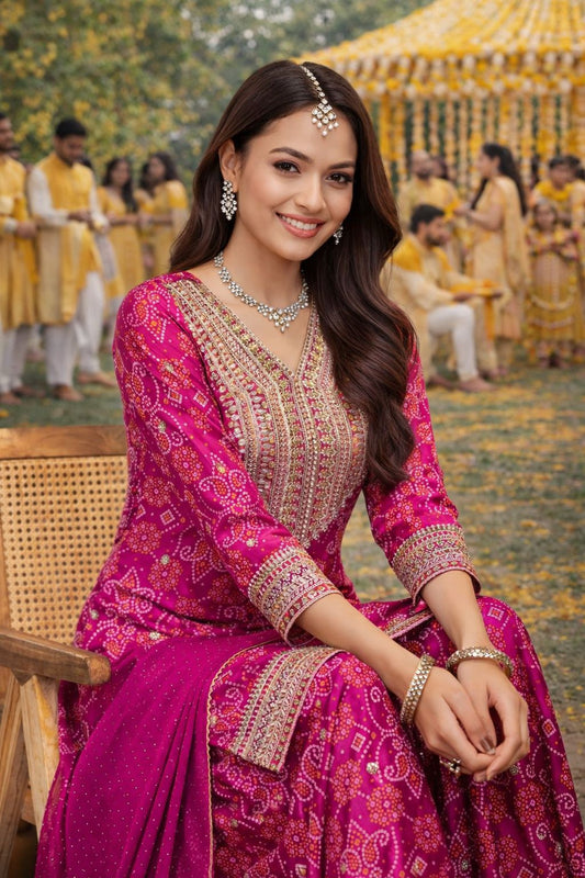 Vibrant Rani Pink Ethnic Printed Chinon Silk Kurta Set With Palazzo & Dupatta