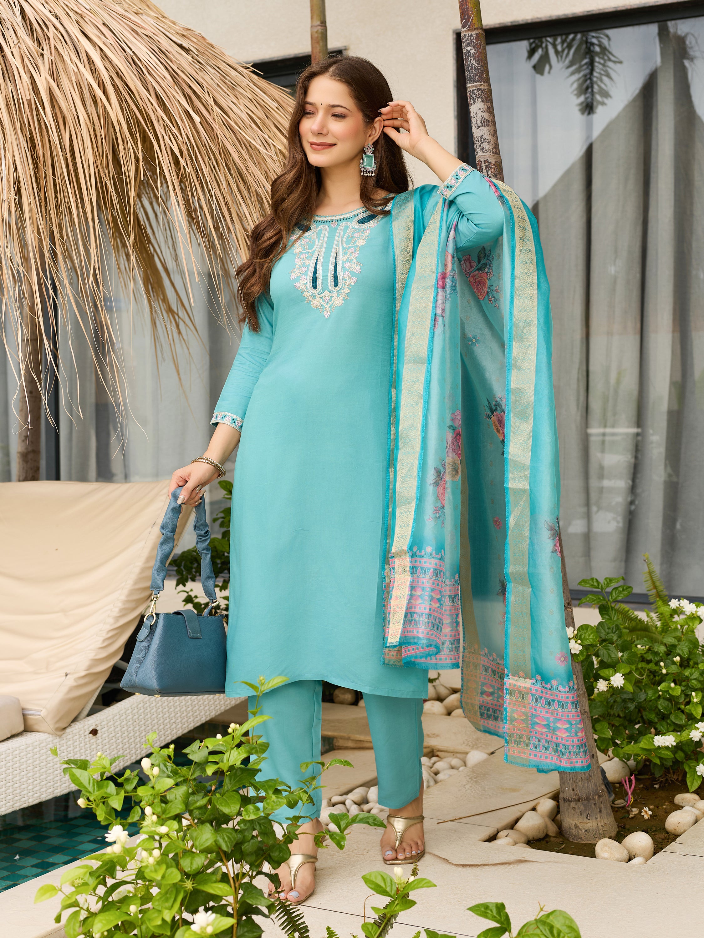 Elegant Sky Blue Embroidered Viscose Kurti Set with Organza Dupatta – Sizes S to 2XL