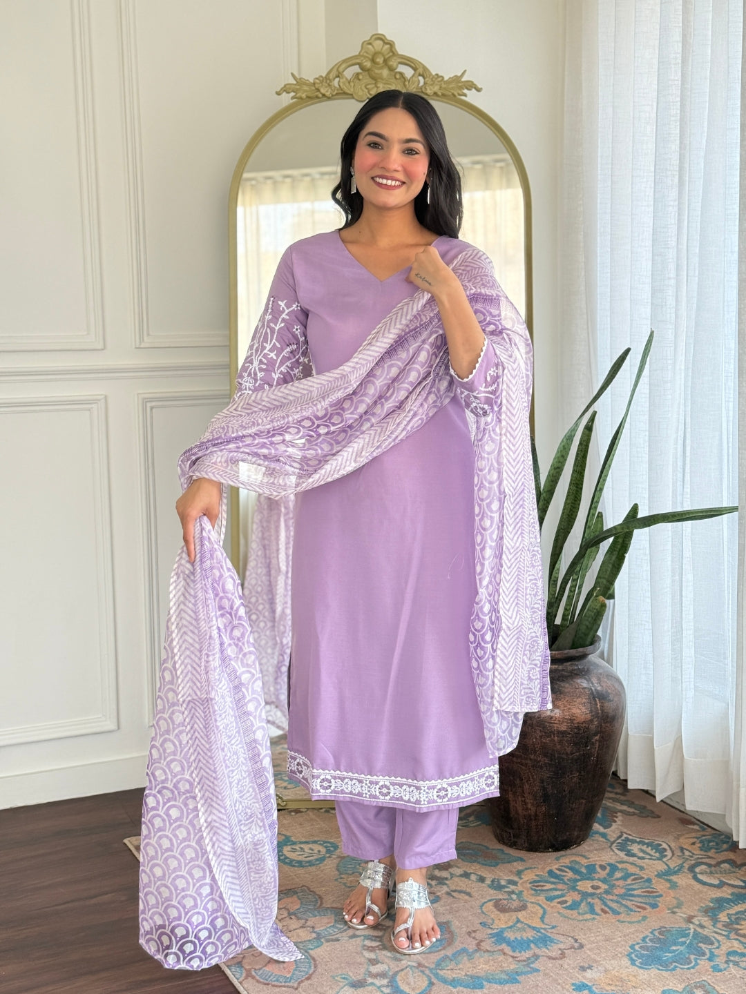 Lavender Embroidered Rayon Kurti Set with Taby Dupatta – Sizes S to 2XL
