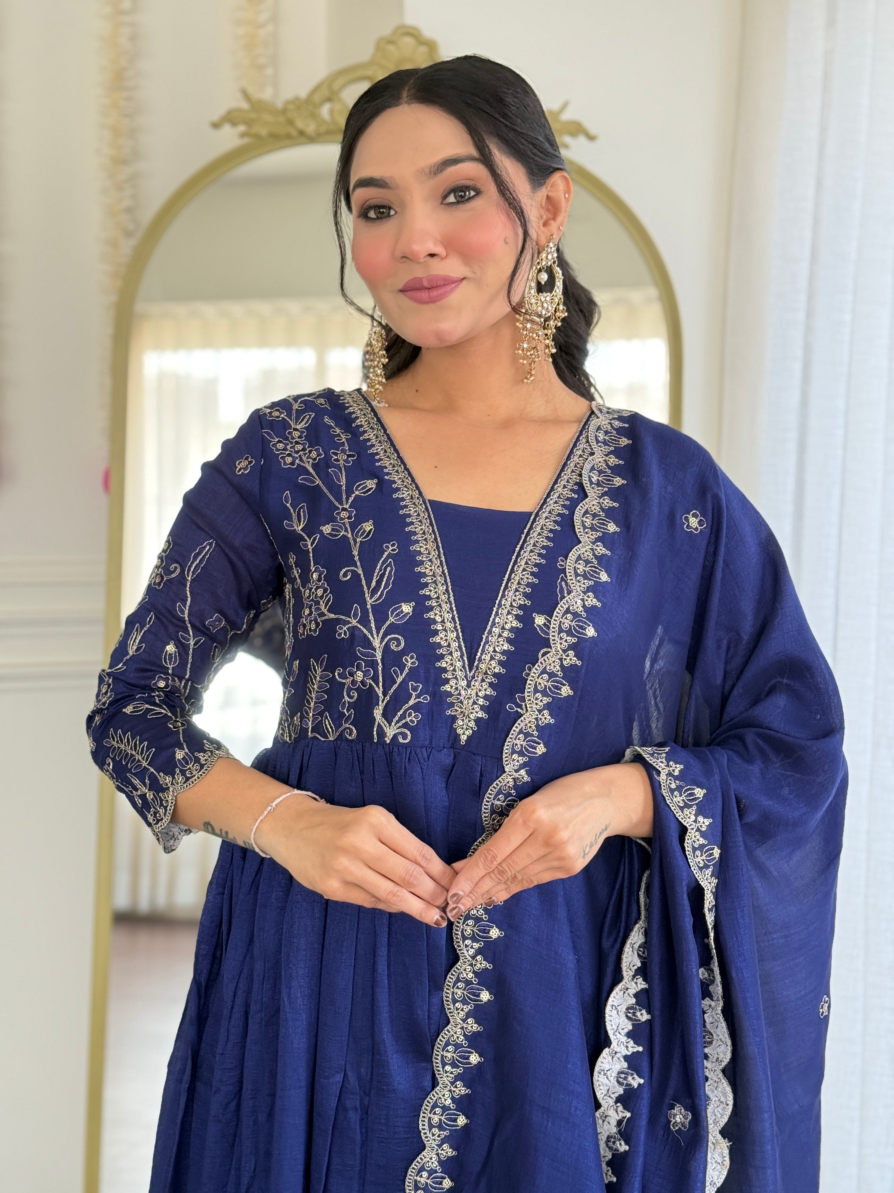 Royal Blue Embroidered Vichitra Silk Kurti Set with Dupatta – Sizes S to 2XL