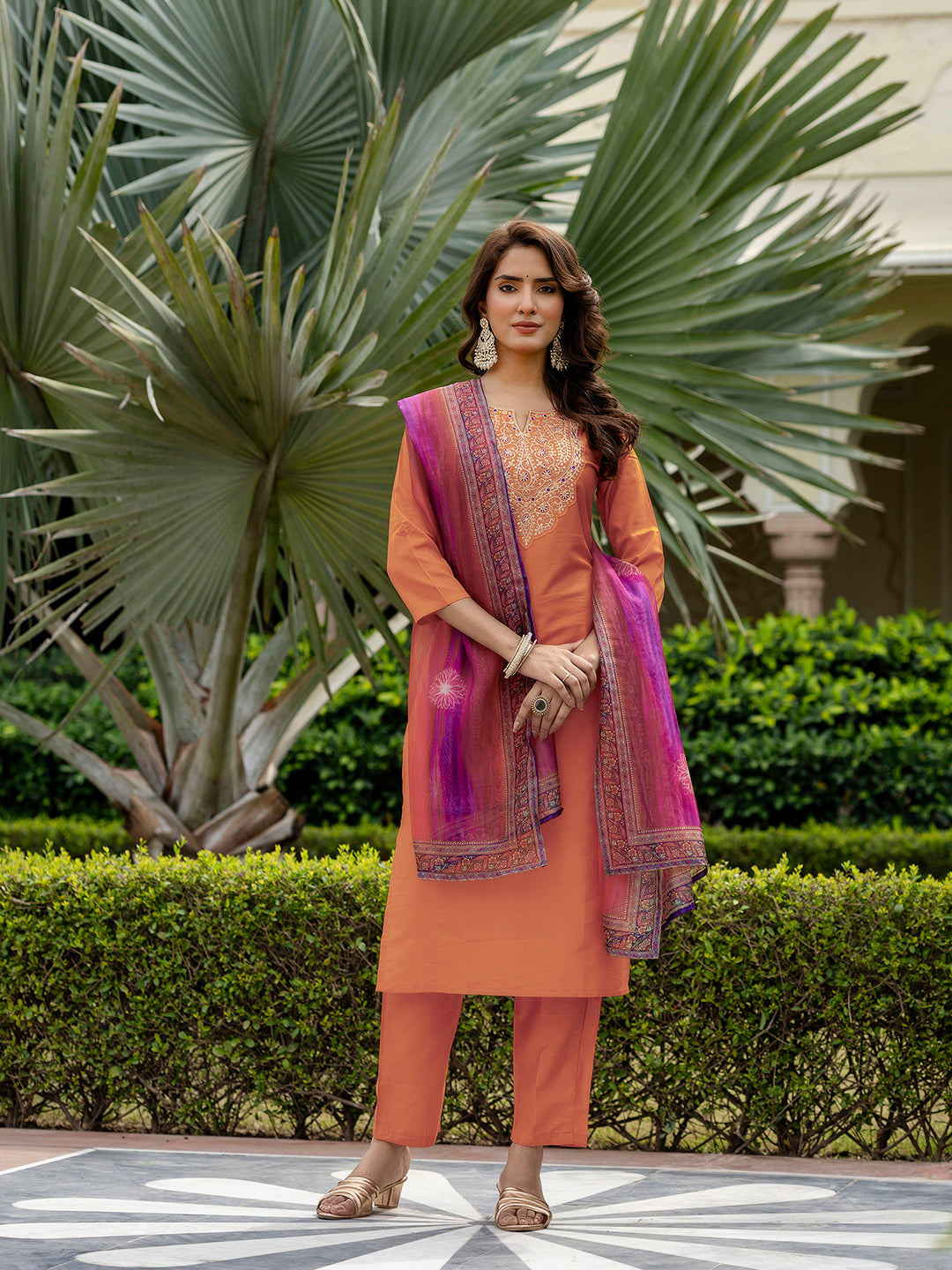 Bright Orange Embroidered Rayon Kurti Set with Taby Dupatta – Sizes S to 2XL