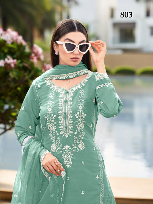 Stylish Sea Green Viscose Cotton Embroidered Unstiched Kurta Set Dress Material With Dupatta & Bottom