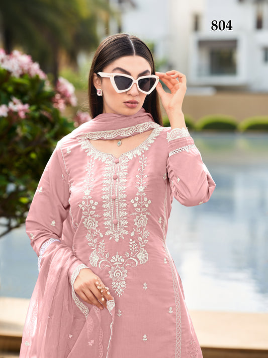 Stylish Peach Pink Viscose Cotton Embroidered Unstiched Kurta Set Dress Material With Dupatta & Bottom