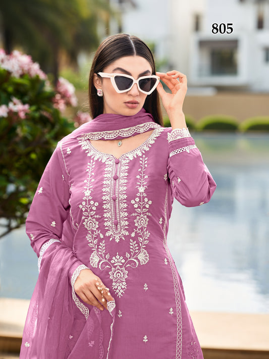 Stylish Rose Pink Viscose Cotton Embroidered Unstiched Kurta Set Dress Material With Dupatta & Bottom