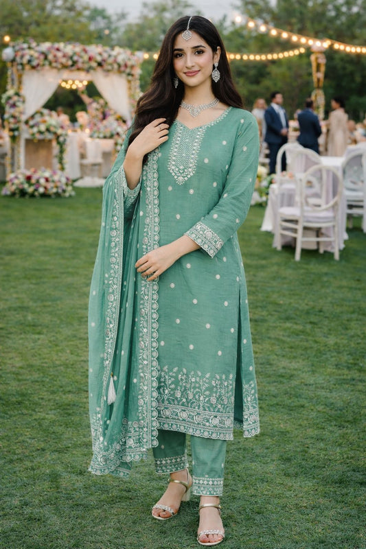 Graceful Ethnic Unstiched Sea Green Gold Crush Dress Material Set Delicate Thread Work With Bottom & Dupatta