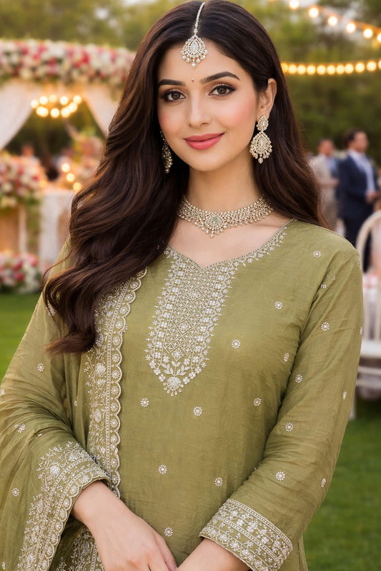 Graceful Ethnic Unstiched Olive Green Gold Crush Dress Material Set Delicate Thread Work With Bottom & Dupatta