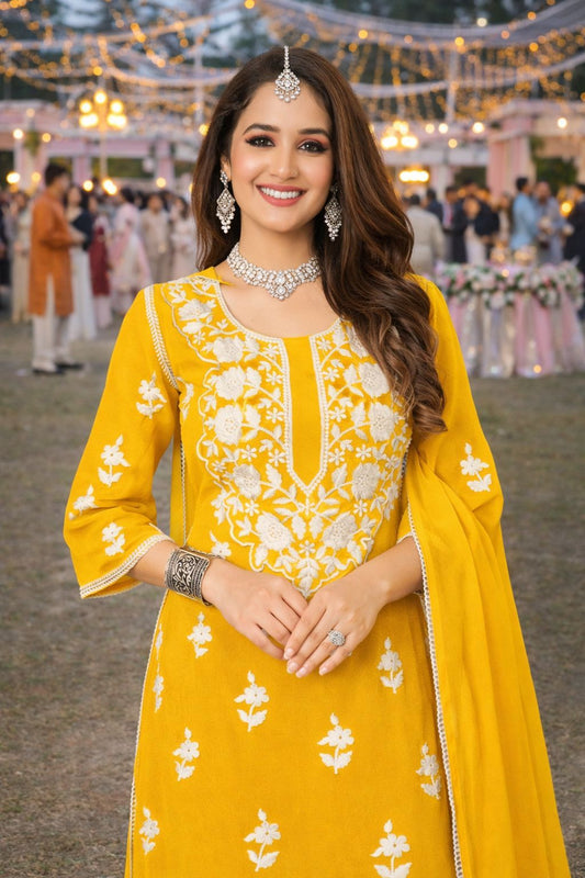 Graceful Ethnic Georgette Yellow Embroidered Kurta Sharara Set With Dupatta