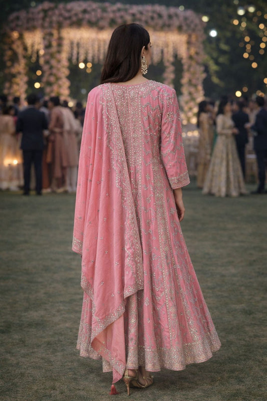 Elegant Pink Chinon Embroidered Anarkali Gown Featuring Intricate Zari Work With Dupatta