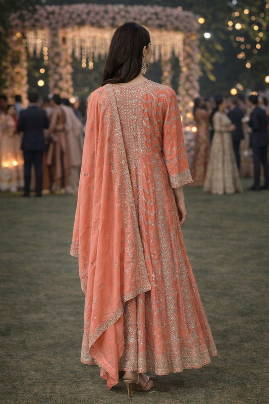 Elegant Orange Chinon Embroidered Anarkali Gown Featuring Intricate Zari Work With Dupatta