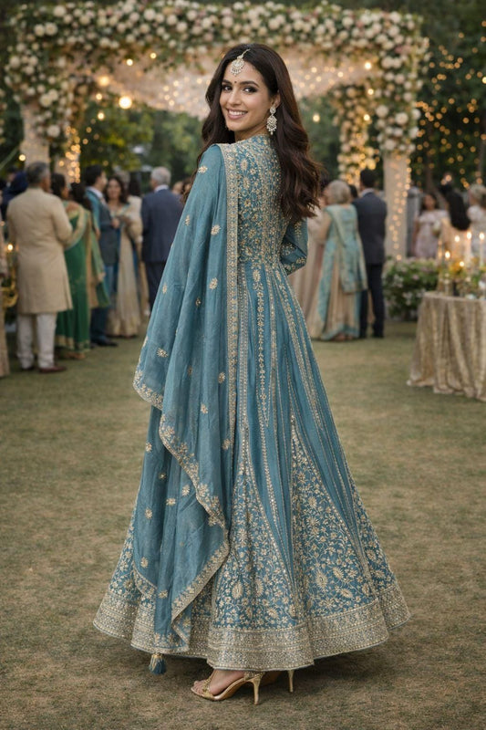 Graceful Blue Embroidered Chinon Silk Anarkali Gown Set With Palazzo & Dupatta