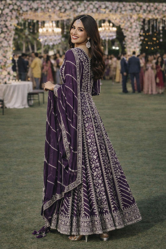 Purple Real Premium Chinon Embroidered Anarkali Gown With Dupatta