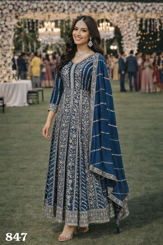 Navy Blue Real Premium Chinon Embroidered Anarkali Gown With Dupatta