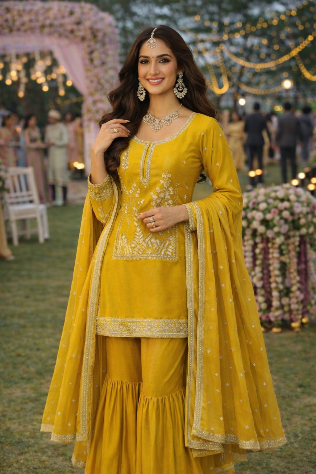 Elegant Mustard Embroidered Real Silk Kurta Sharara Set With Dupatta
