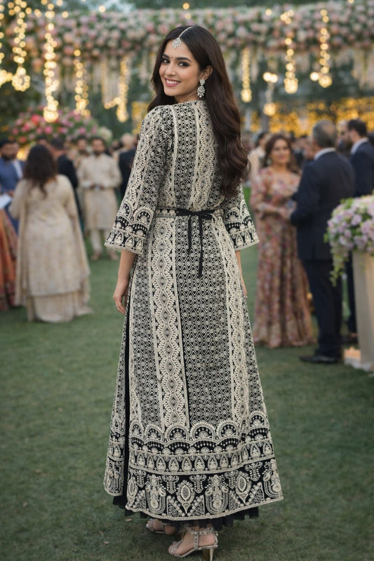 Elegant Black Traditional Patterns Embroidered Ethnic Gown Set With Jacket With Belt