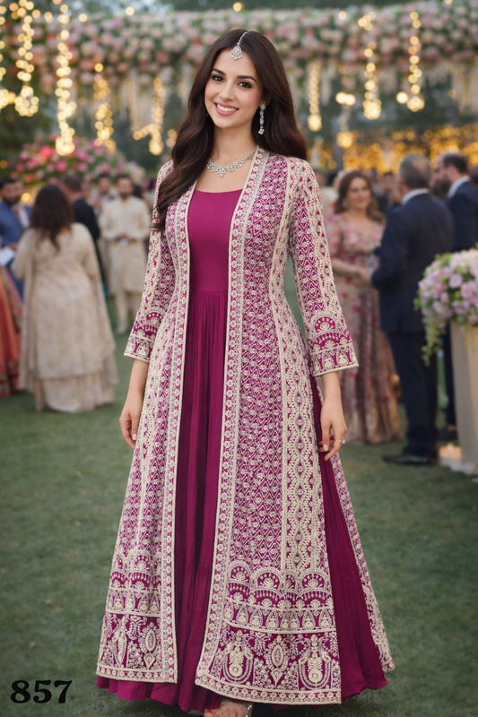 Elegant Rani Pink Traditional Patterns Embroidered Ethnic Gown Set With Jacket With Belt