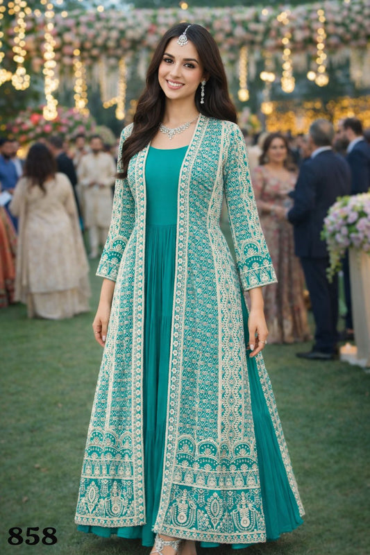 Elegant Blue Traditional Patterns Embroidered Ethnic Gown Set With Jacket With Belt