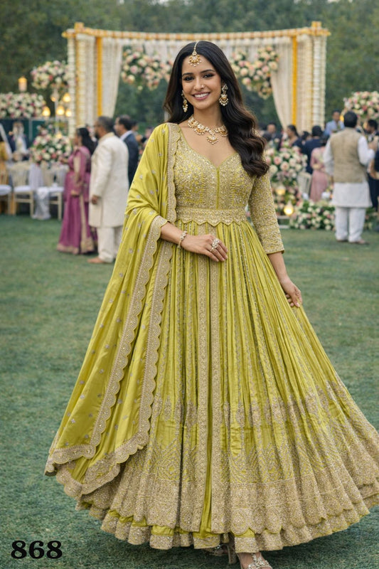 Elegant Lime Green Chinon Embroidered Anarkali Gown Set With Dupatta & Bottom