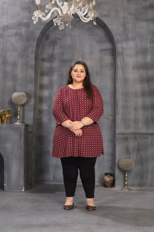 Women's Trendy Maroon Printed Rayon Plus-Size Top Featuring With A Round Neckline