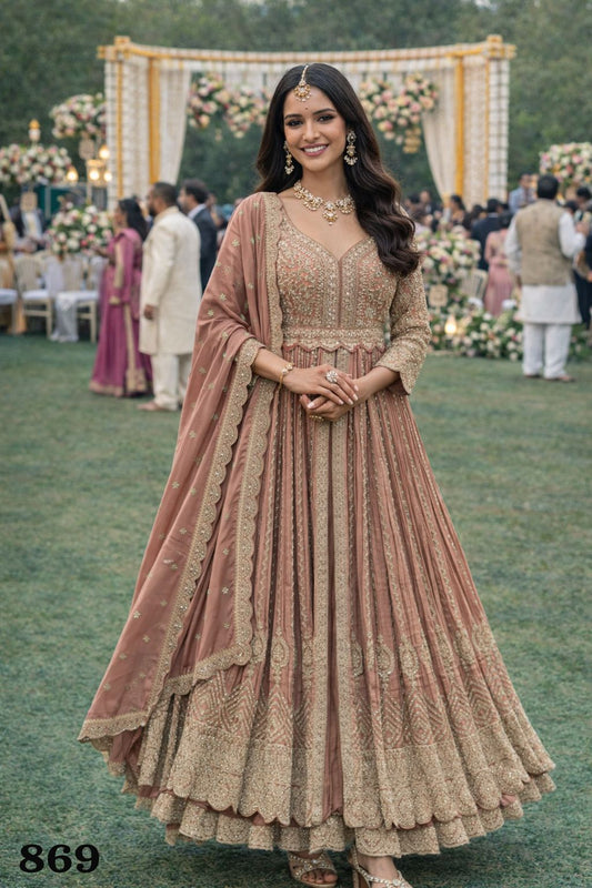 Elegant Peach Chinon Embroidered Anarkali Gown Set With Dupatta & Bottom