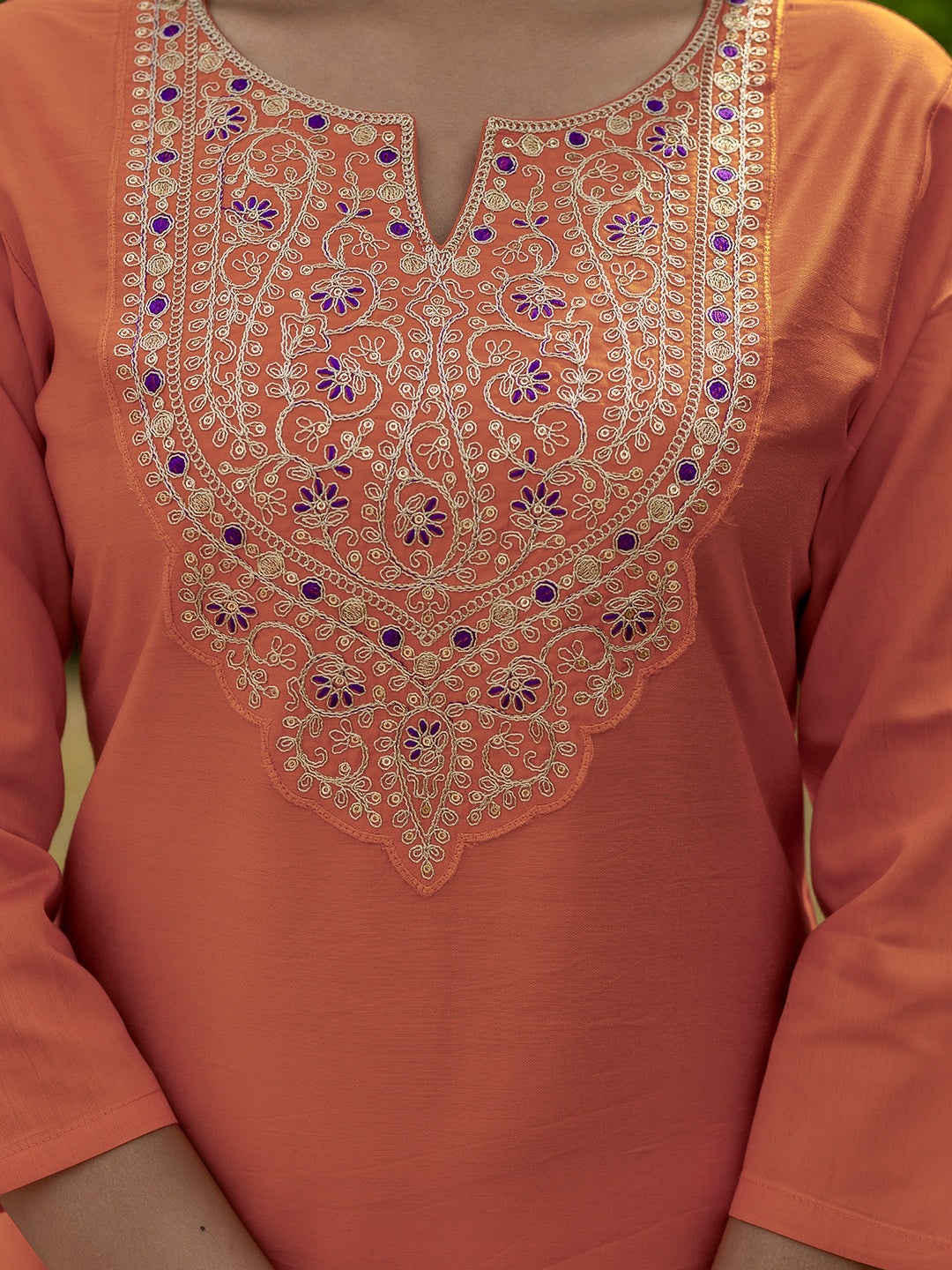 Bright Orange Embroidered Rayon Kurti Set with Taby Dupatta – Sizes S to 2XL