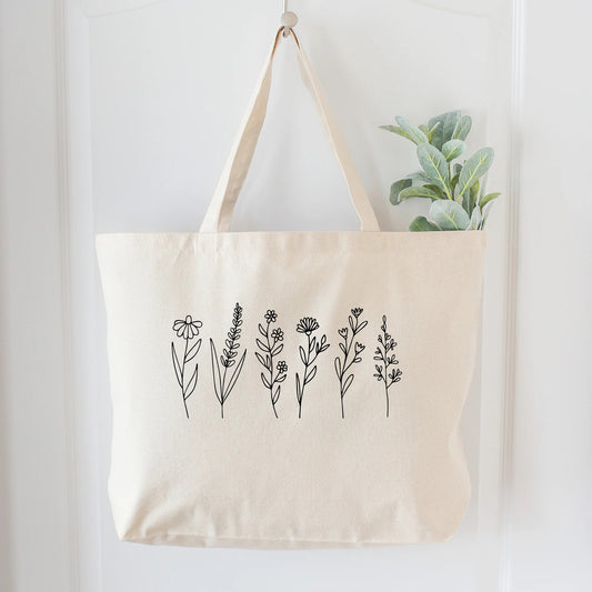 Minimal Floral Embroidered Cotton Canvas Tote Bag | Eco-Friendly Everyday Carry Bag(BD-1)