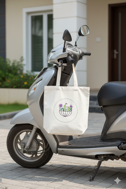 Cotton Canvas Tote Bag with Umbrella Flower Embroidery | Reusable Everyday Shopper(BD-09)