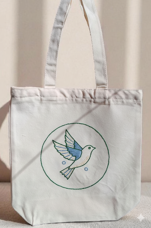 Off-White Canvas Tote Bag with bird Embroidery | Lightweight Daily Carry Bag(BD-10)