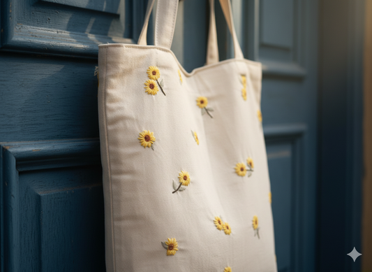 Sunflower Embroidered Cotton Canvas Tote Bag ā Open Top Everyday Carry(BD-06)