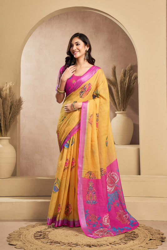 Ready-to-Wear Linen Saree with Zari Border & Printed Design | 1 Minute Saree(HRTW13