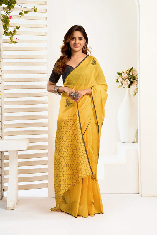 Ready-to-Wear Linen Saree with Zari Border & Printed Design | 1 Minute Saree(HRTW56)