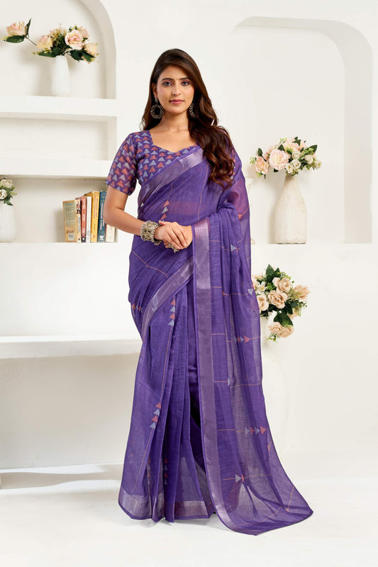 Ready-to-Wear Linen Saree with Zari Border & Printed Design | 1 Minute Saree(HRTW72