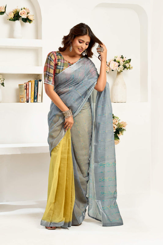Ready-to-Wear Linen Saree with Zari Border & Printed Design | 1 Minute Saree(HRTW77